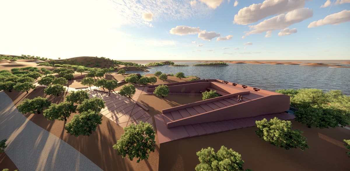 Aerial rendering of the Alqueva resort main building in earth-toned volumes on the lake shore, among trees