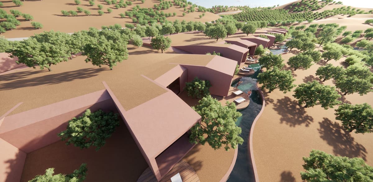 Aerial rendering of earth-toned resort units along a winding pool with decks and sun loungers among trees