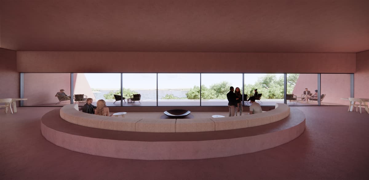 Interior rendering of a lounge with a curved sofa platform facing a wide window onto a terrace and water