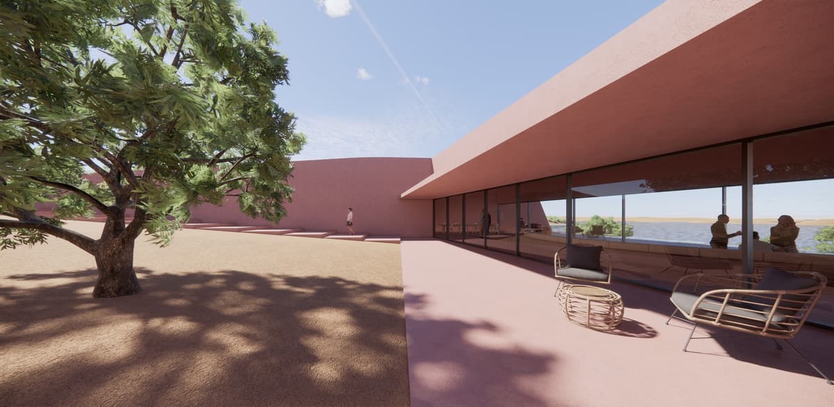 Rendering of a shaded terrace with wicker chairs under a deep earth-toned overhang next to a large tree
