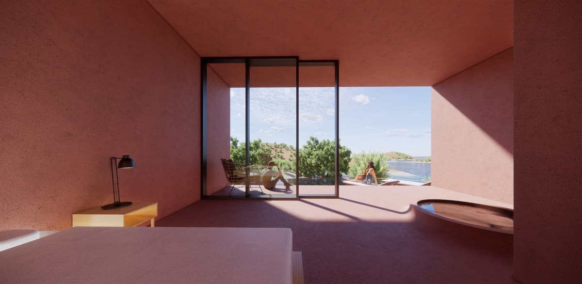 Earth-toned bedroom rendering opening through glass sliding doors to a terrace with lake views