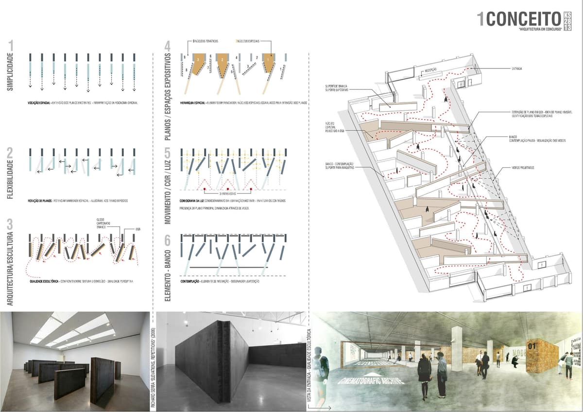 Presentation board for the exhibition competition with concept diagrams, an axonometric route and an entrance view