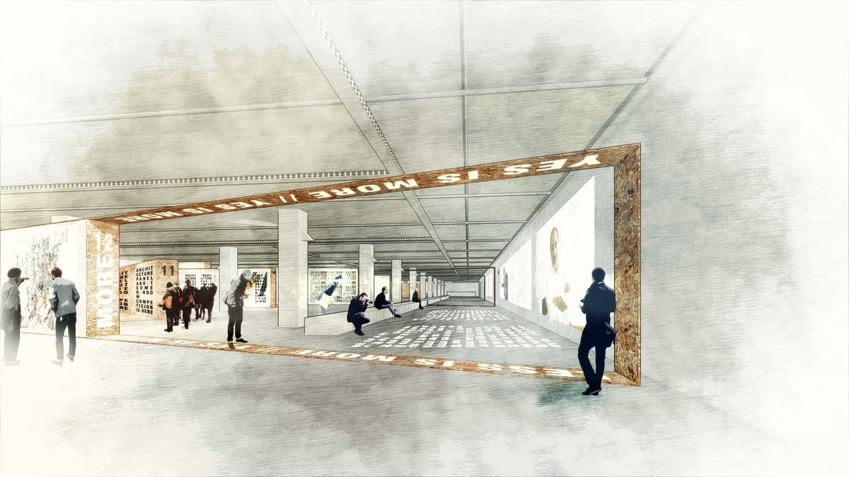 Collage rendering of the exhibition in a garage, with a large OSB frame, projections and visitors