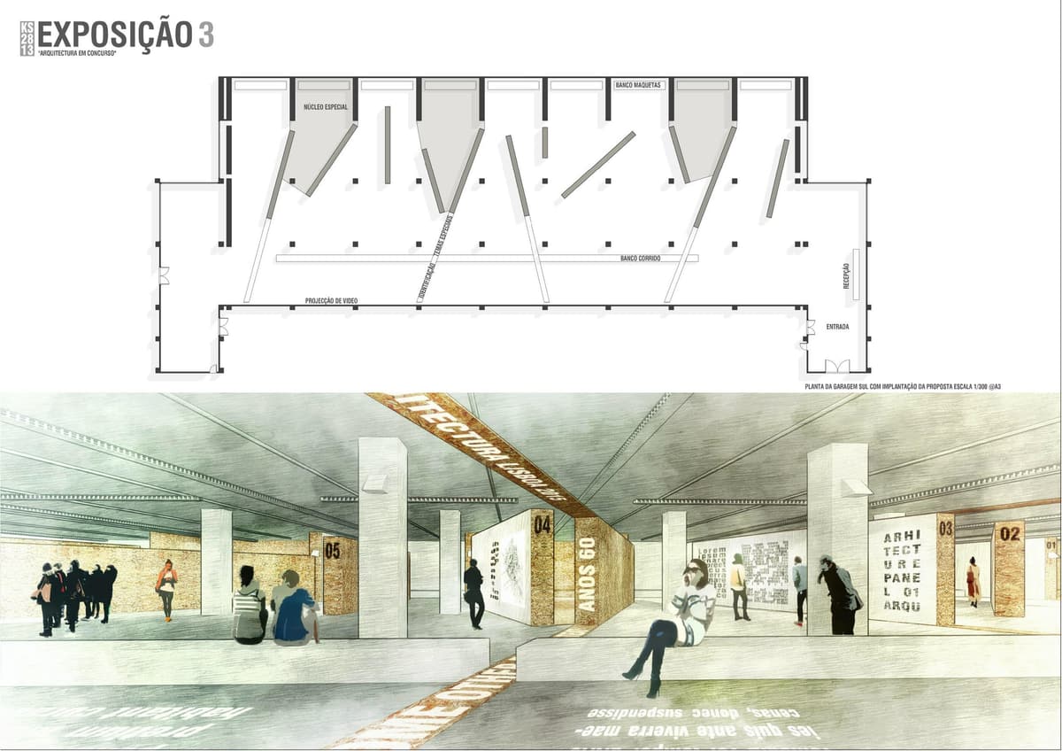 Presentation board with the exhibition floor plan in a garage and a perspective of visitors among OSB panels