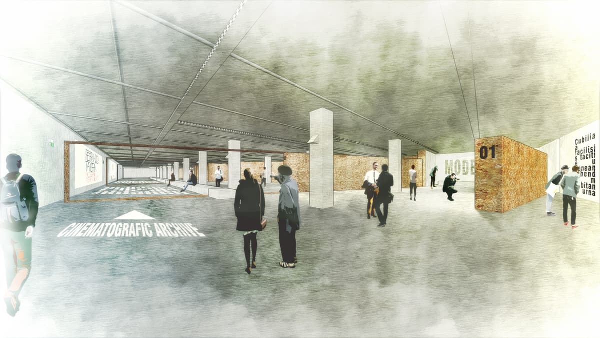 Collage rendering of the exhibition entrance, with OSB-clad volumes, concrete columns and visitors walking