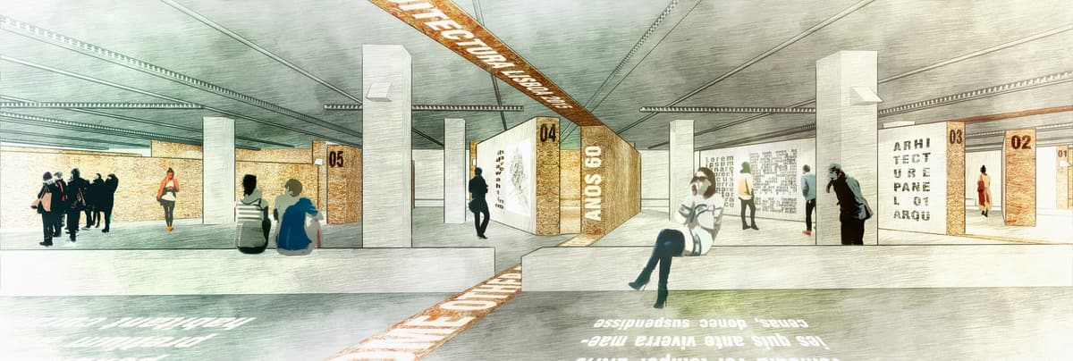 Panoramic collage rendering of visitors seated on long benches among numbered OSB exhibition pockets