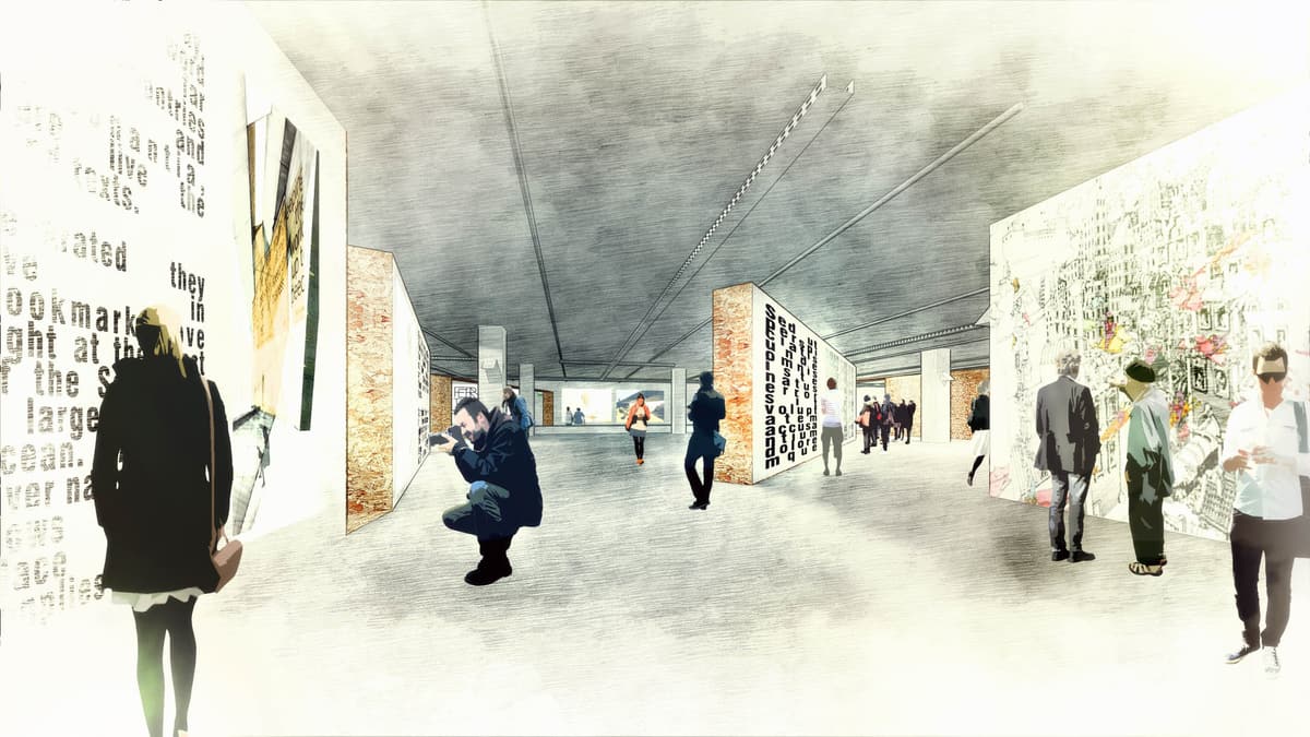 Collage rendering of visitors viewing large text and drawing panels between concrete columns