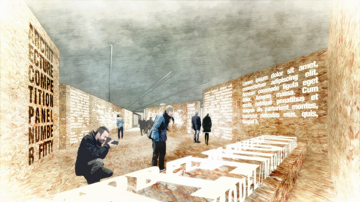 Collage rendering of an OSB-lined exhibition pocket with text on the walls and a model bench