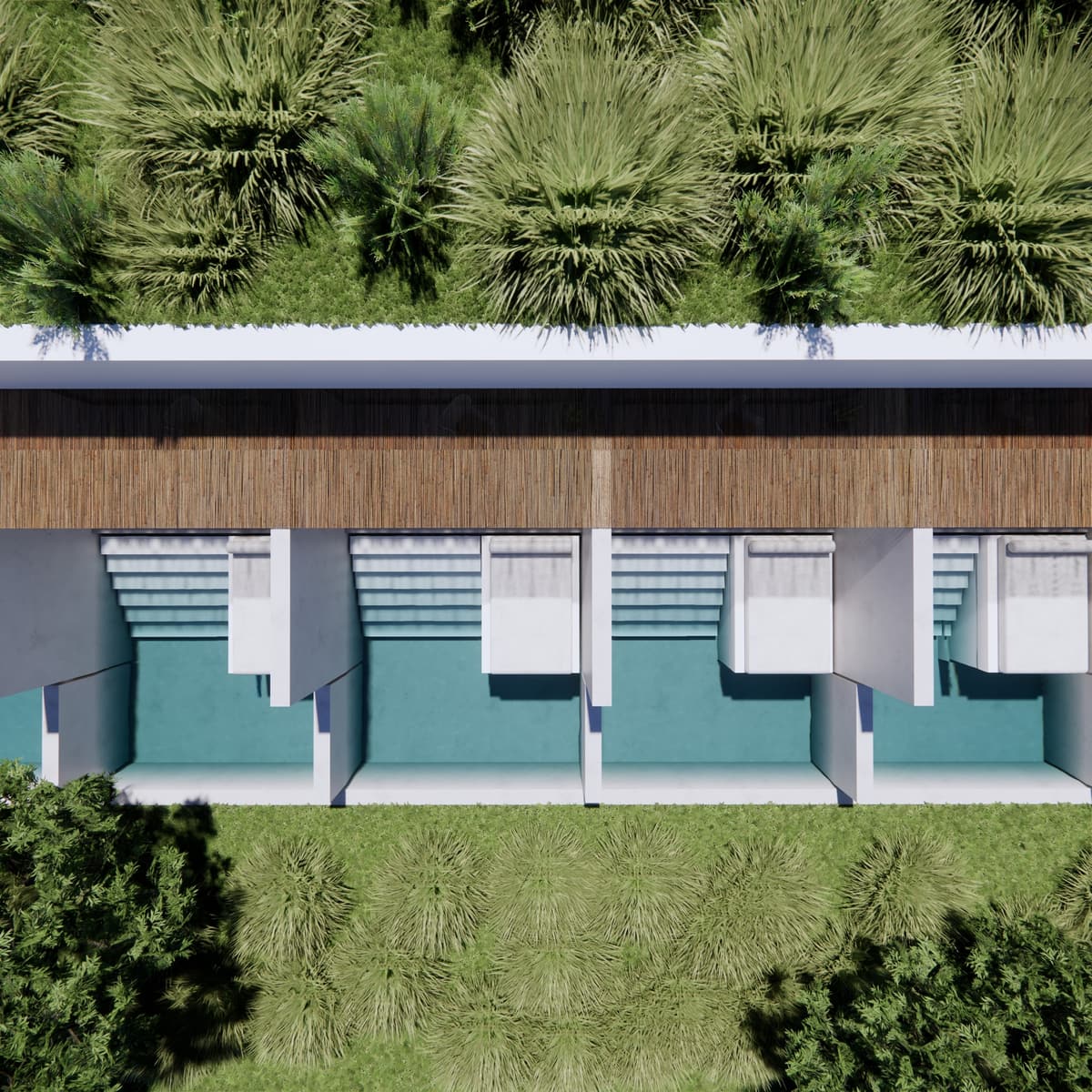Aerial 3D rendering of the Arraiolos agro tourism units with private pools between white walls and a planted roof
