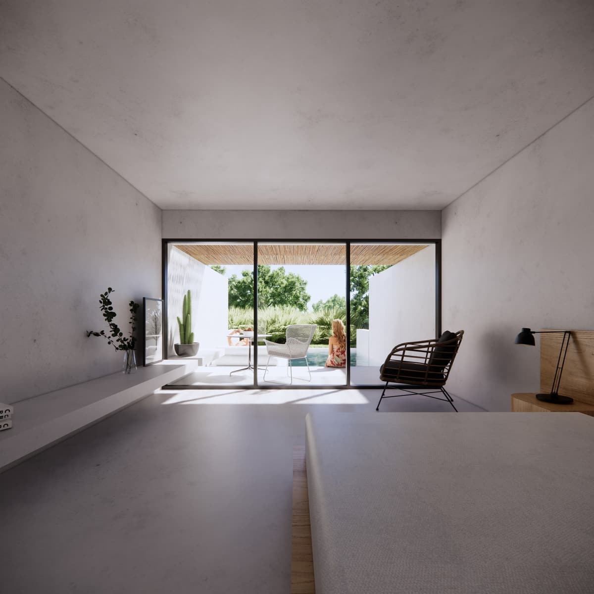 3D rendering from a bedroom with concrete walls looking through full-height glazing to a patio and plunge pool