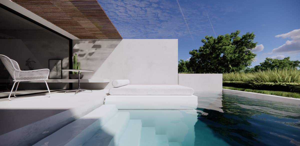 3D rendering of a patio with slatted canopy, white daybed and plunge pool with steps, Arraiolos agro tourism