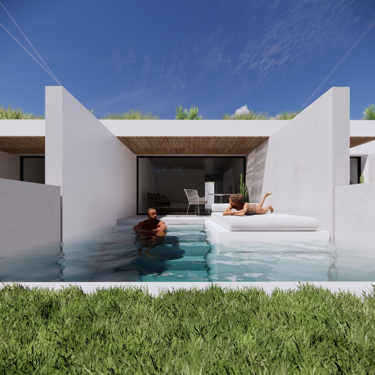 3D rendering of an agro tourism unit framed by white walls, with a pool, daybed, lawn and grass roof