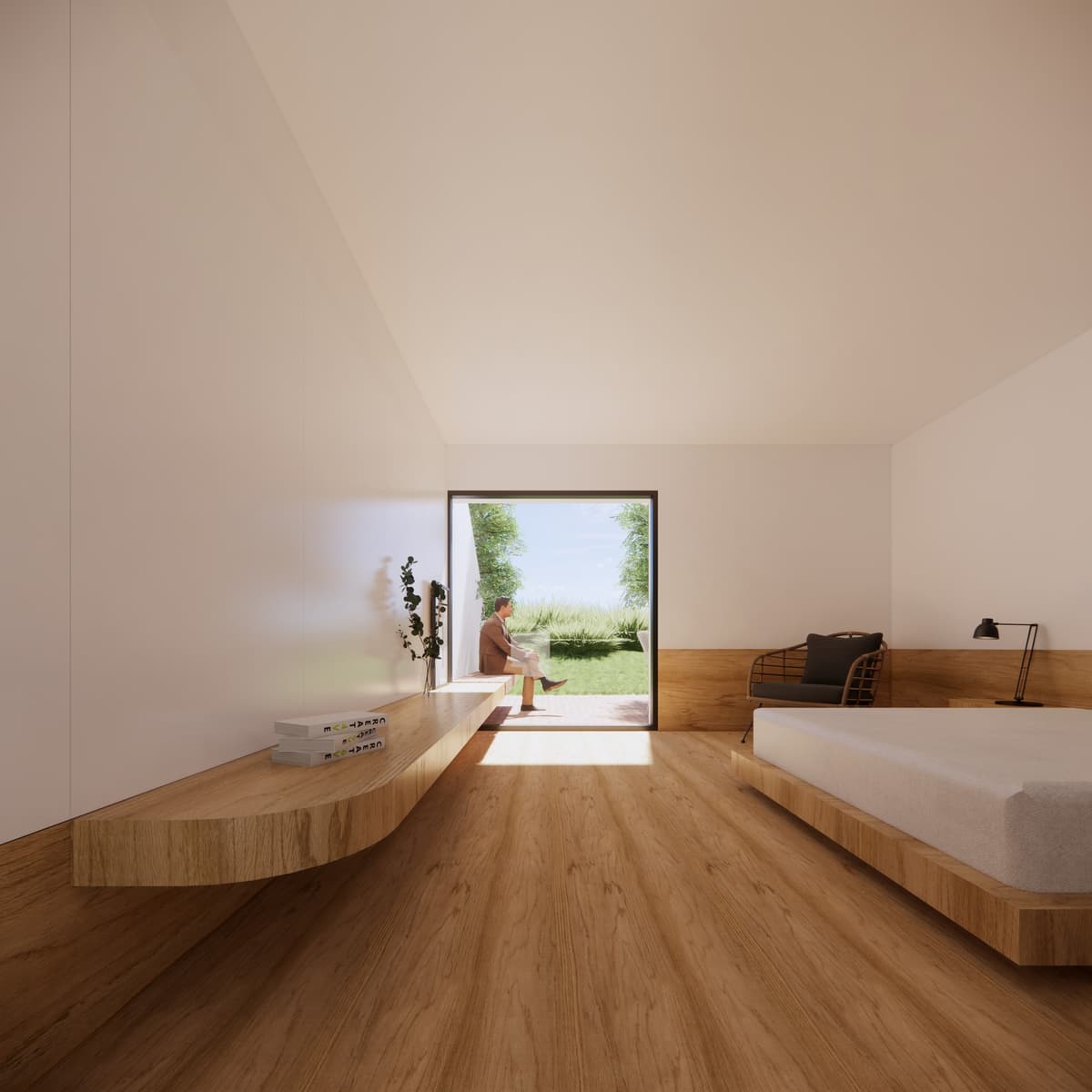 3D rendering of a bedroom with timber floor and curved wooden bench, a large square opening framing the garden
