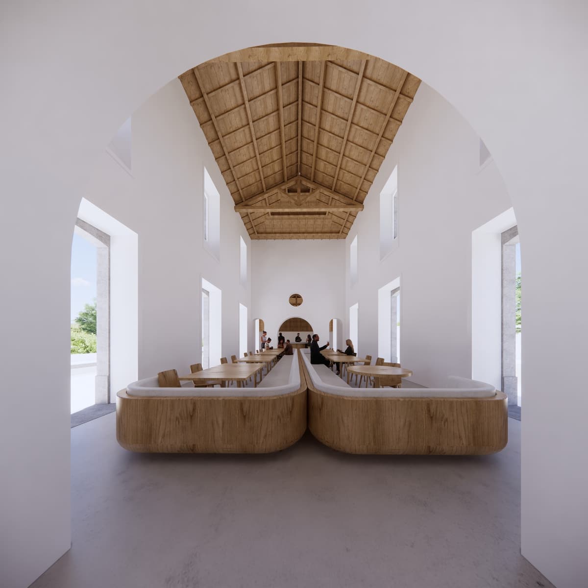 Rendering of the Arraiolos station restaurant with timber pitched ceiling, white walls and curved wooden booths