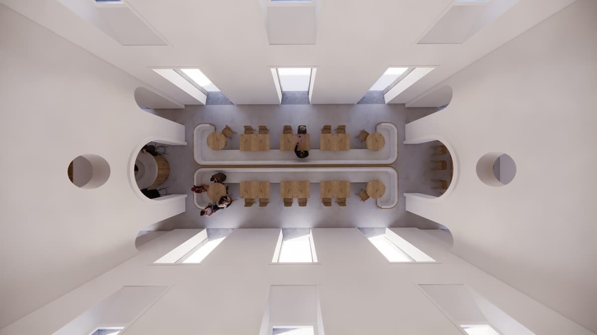 Top-down rendering of the restaurant hall showing wooden tables, back-to-back booths and arched openings