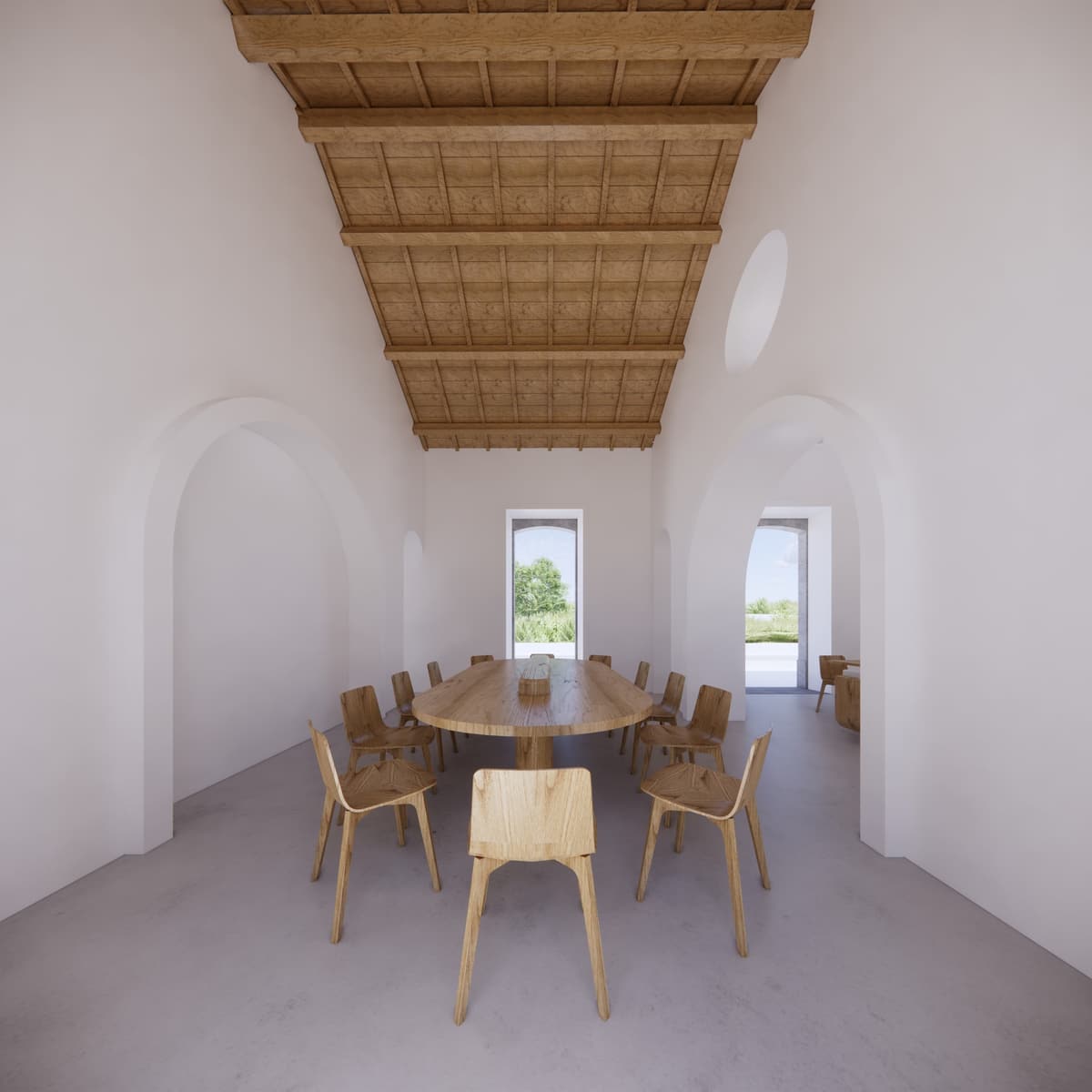 Rendering of a white dining room with timber ceiling, oval wooden table and arched doors to the garden