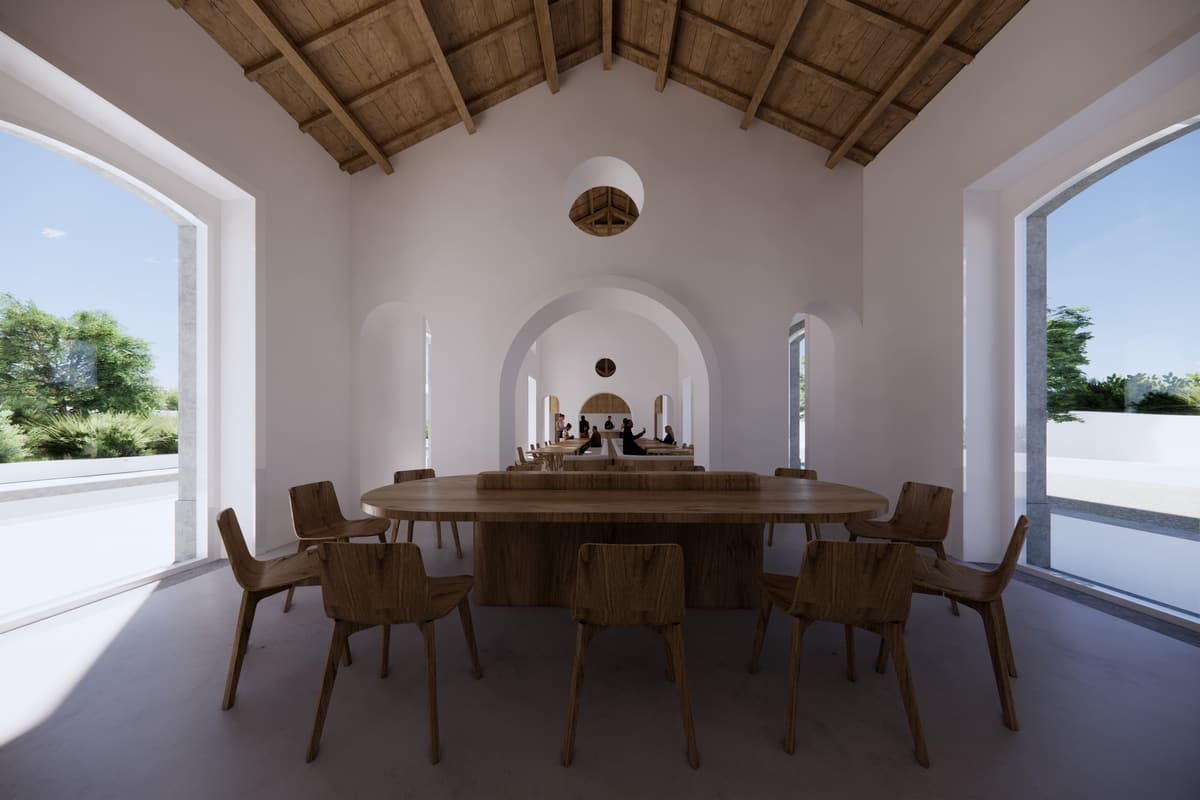Rendering of a dining room with oval wooden table under a timber roof, the restaurant hall seen through arches