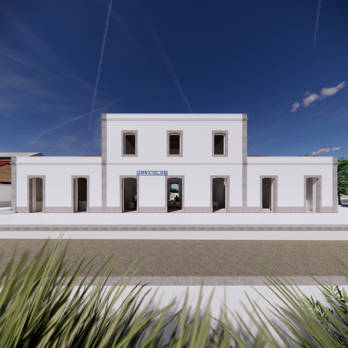 Rendering of the old Arraiolos train station facade, white with grey stone door frames, seen from the tracks