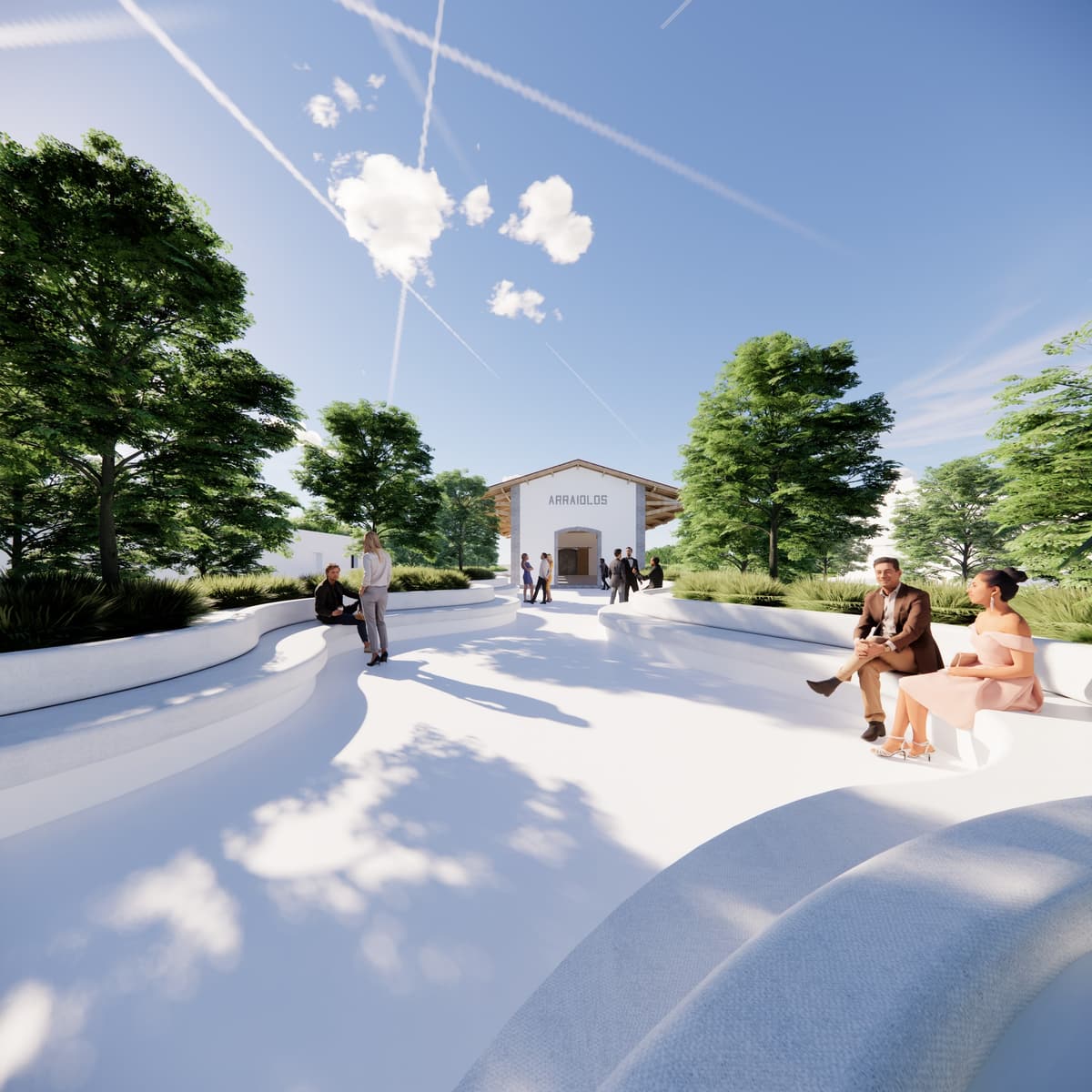 Exterior rendering of a landscaped plaza with white curved benches and people, leading to the old station