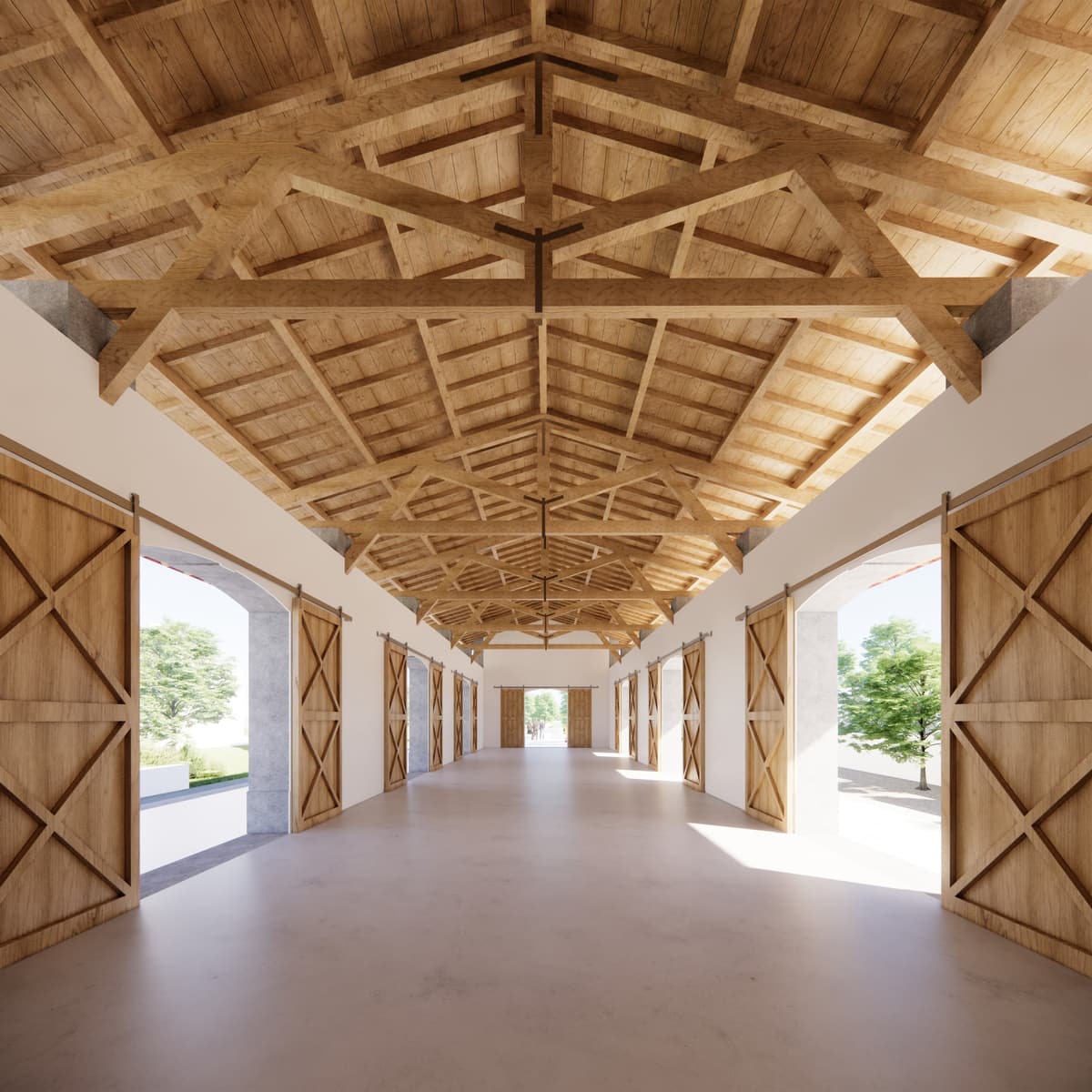 Rendering of the event hall with exposed timber roof trusses, white walls and sliding wooden barn doors