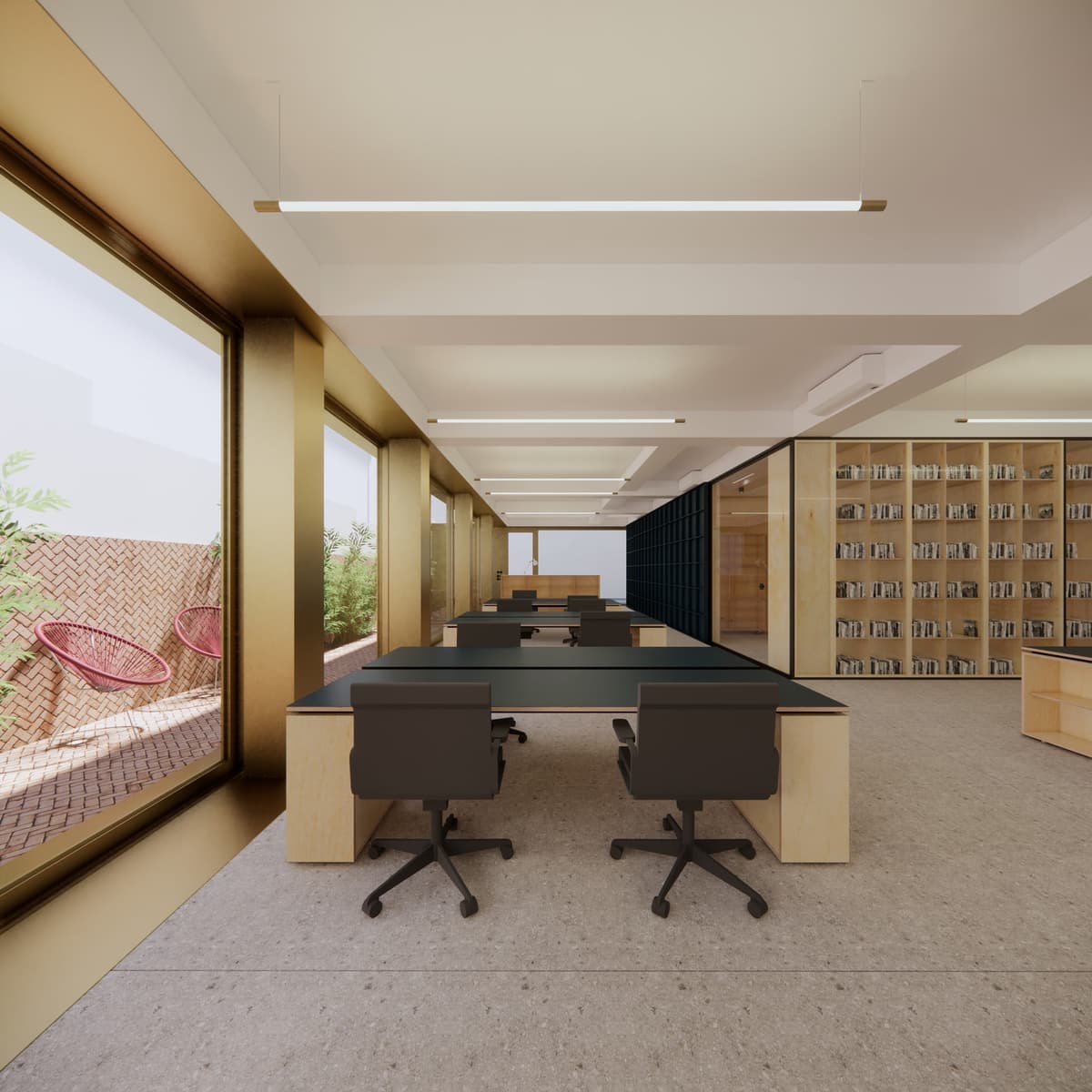 3D rendering of the studio workspace with plywood desks, black chairs and large windows to a brick patio