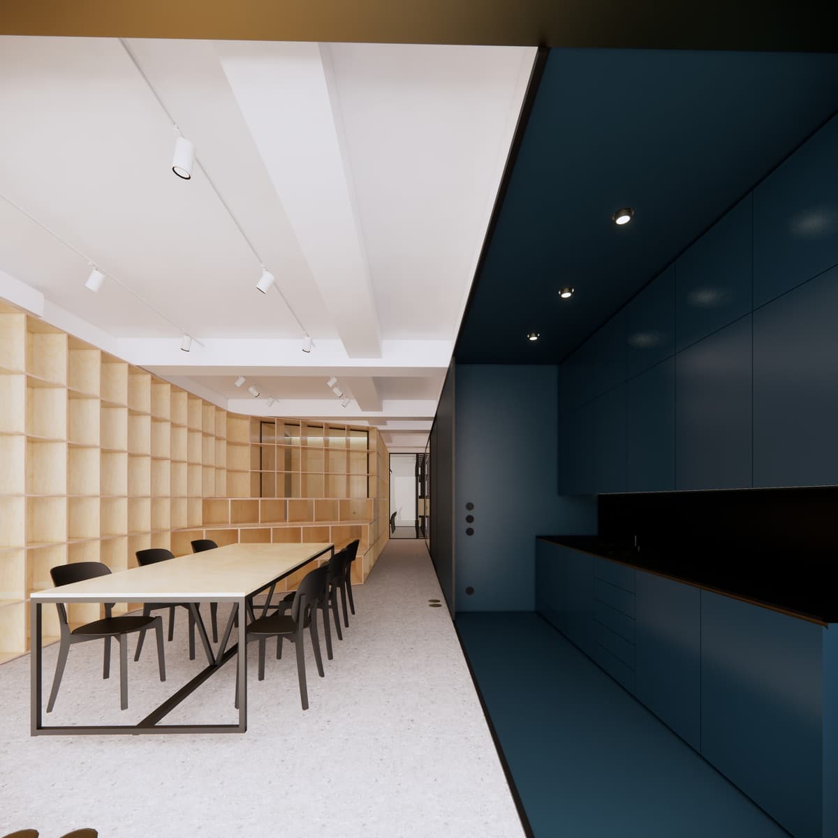 3D rendering of a long meeting table beside plywood shelving and a dark blue kitchen unit