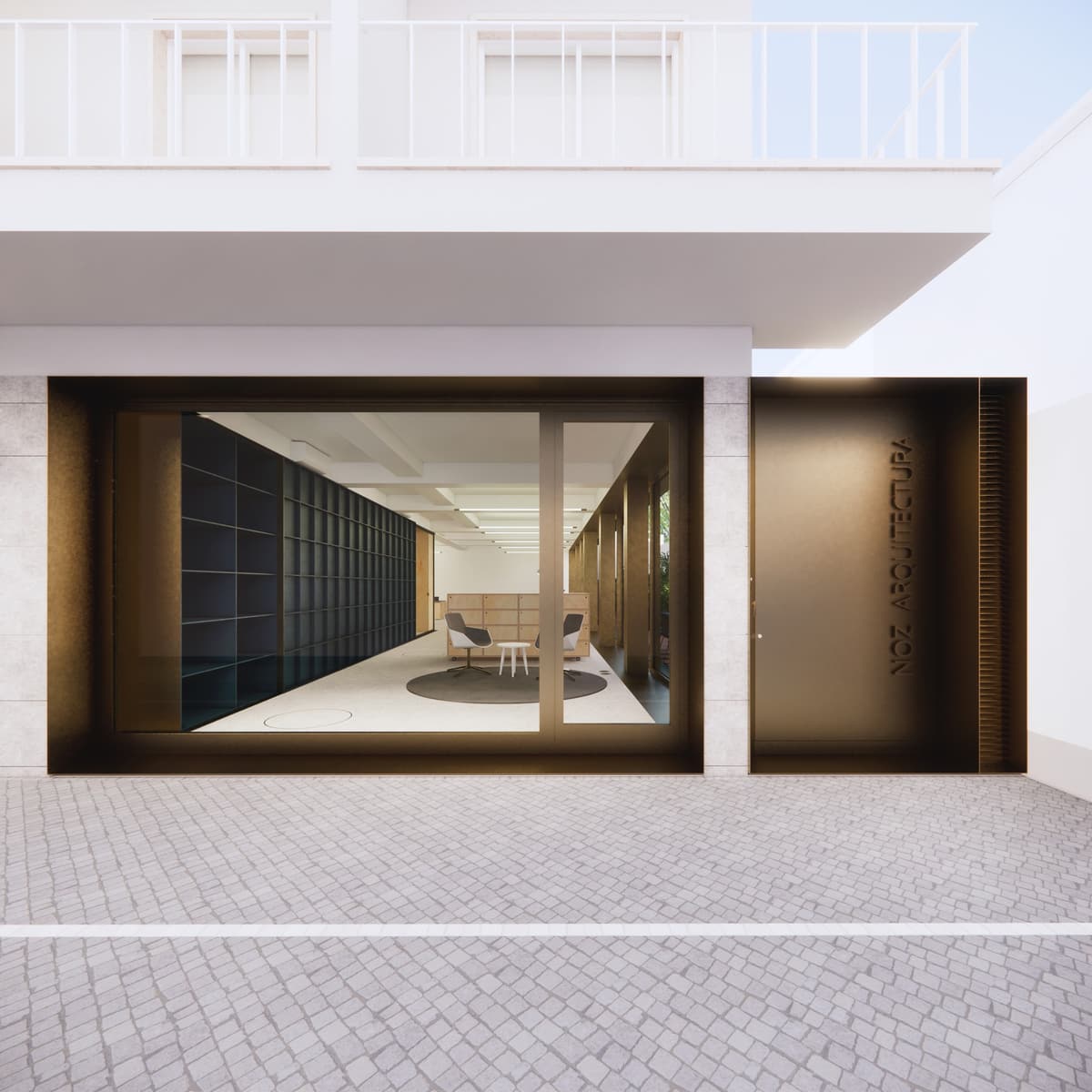 3D rendering of the studio street front, a large glazed opening and bronze door marked NOZ Arquitectura