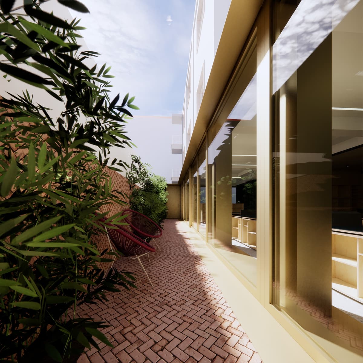 3D rendering of the patio with herringbone brick paving, bamboo planting and chairs along the glazed facade