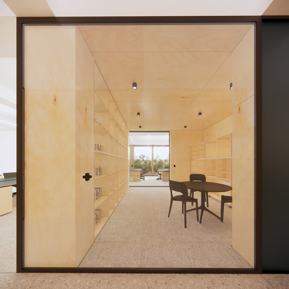 3D rendering of a plywood-lined library room with a round table, seen through a glass partition
