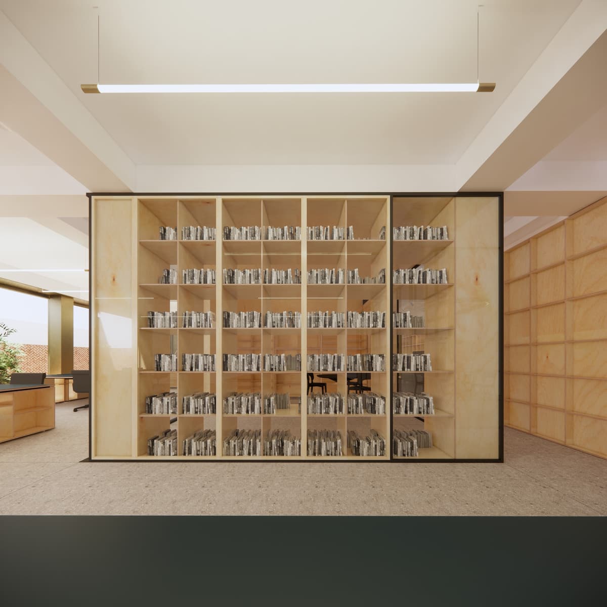 3D rendering of the glazed library box, a plywood bookcase filled with books in the open studio
