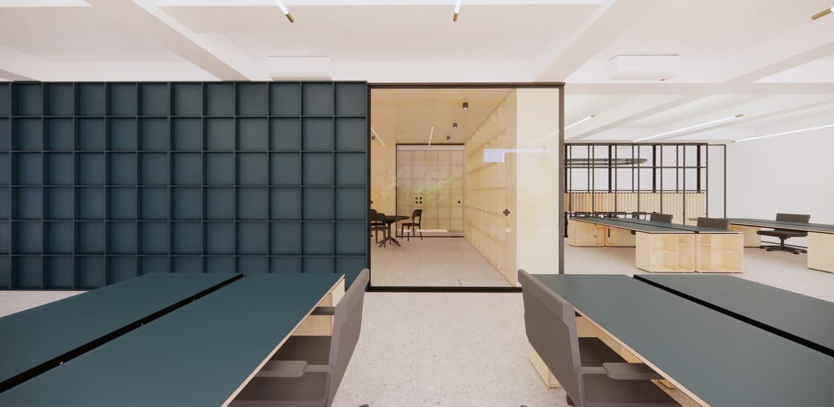 3D rendering of the open workspace with dark desks, blue grid shelving and a plywood meeting room