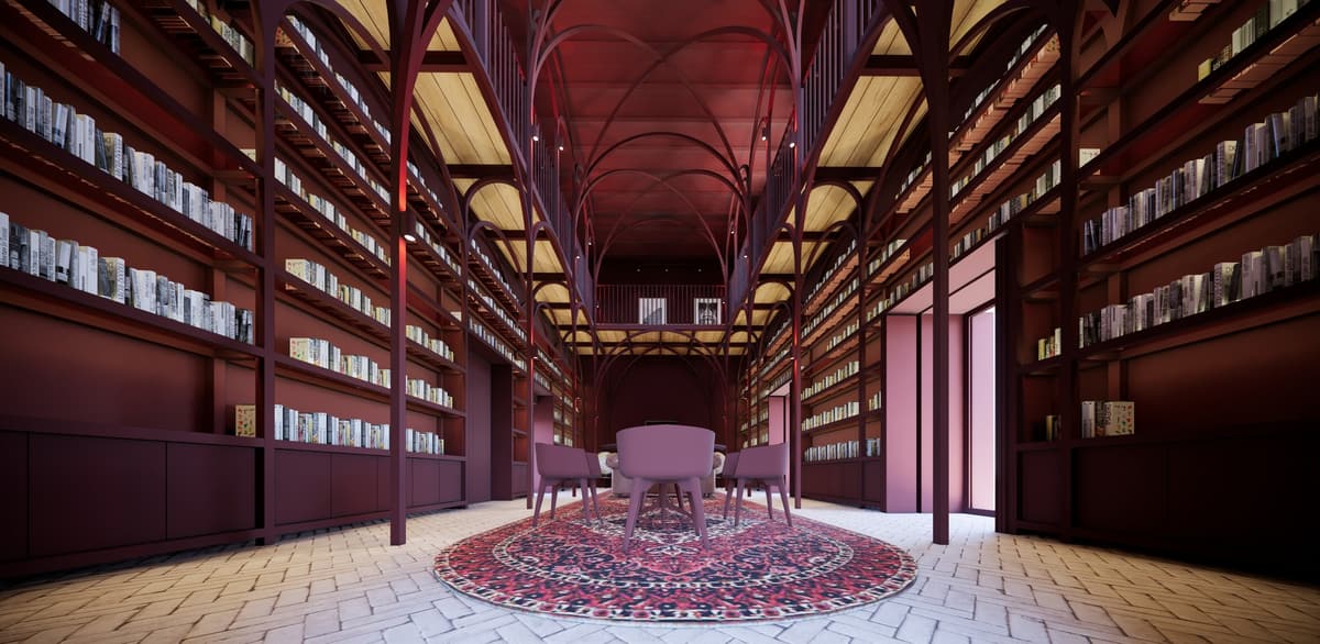 3D rendering of the private library in the Alentejo with arched metal structure, tall bookshelves and a red rug