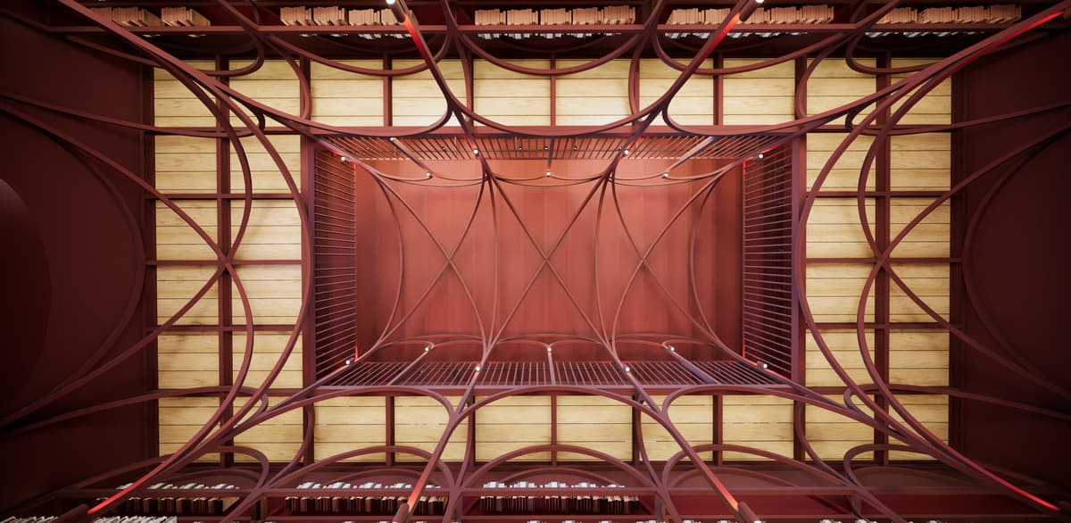 View up into the library's arched metal structure, gallery grating and timber ceiling, 3D rendering