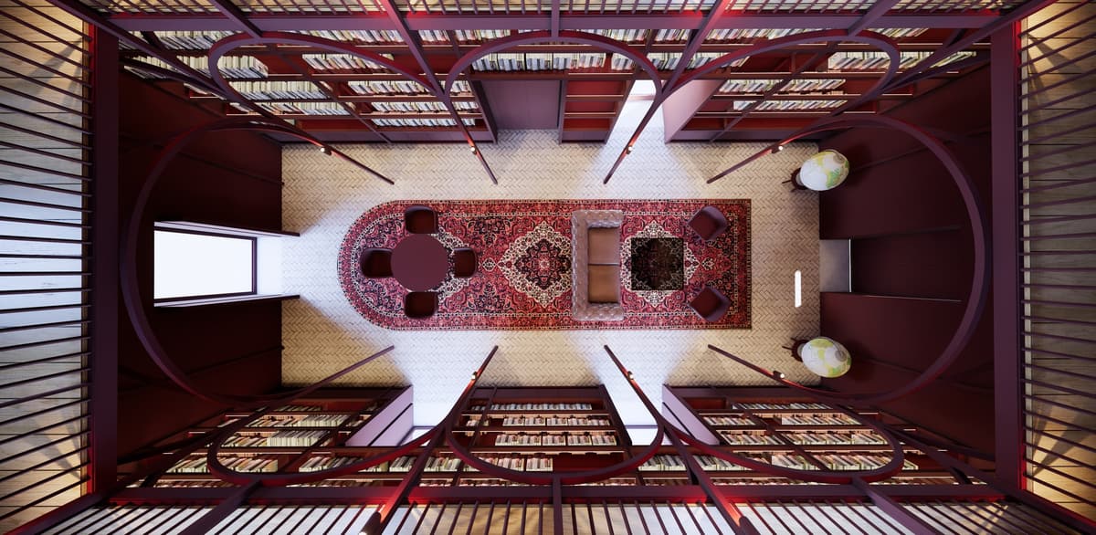 Top-down 3D rendering of the library floor with patterned rug, seating and globes framed by metal arches
