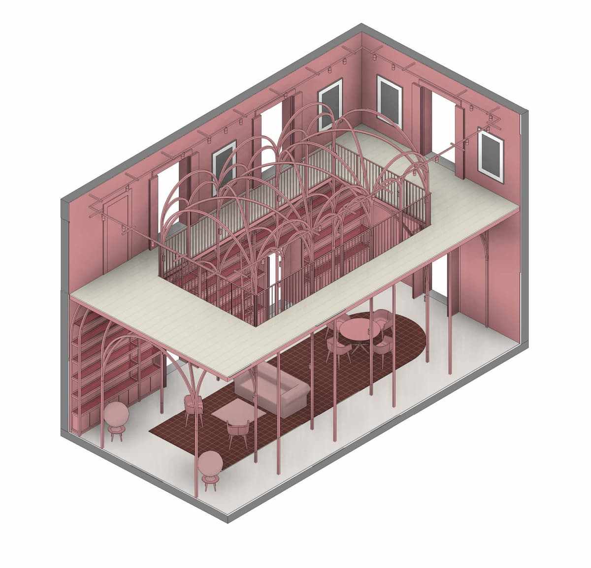 Axonometric cutaway drawing of the private library showing the gallery, arched structure and ground-floor seating
