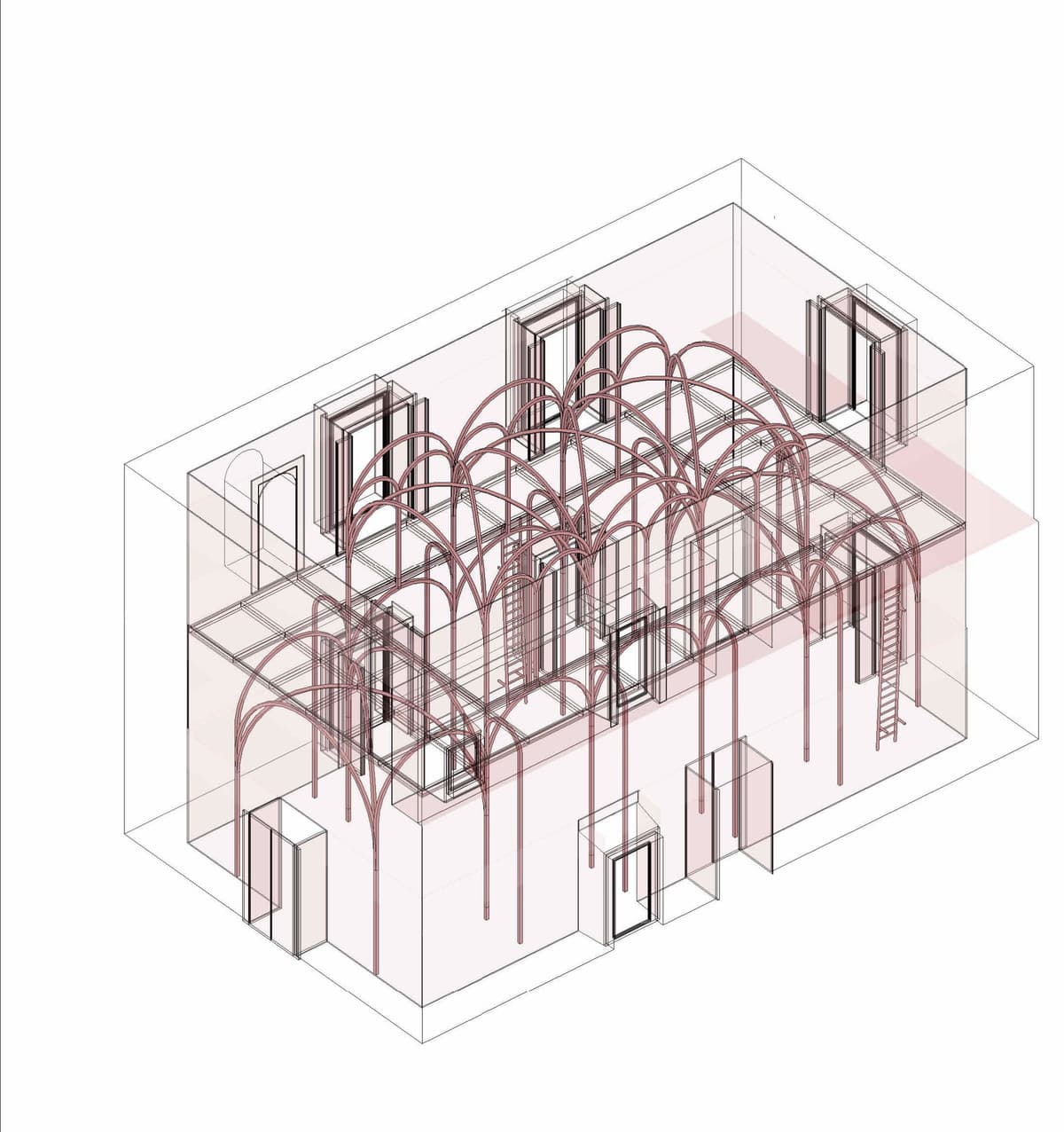 Transparent axonometric drawing of the library room showing the metal arch structure within the convent space