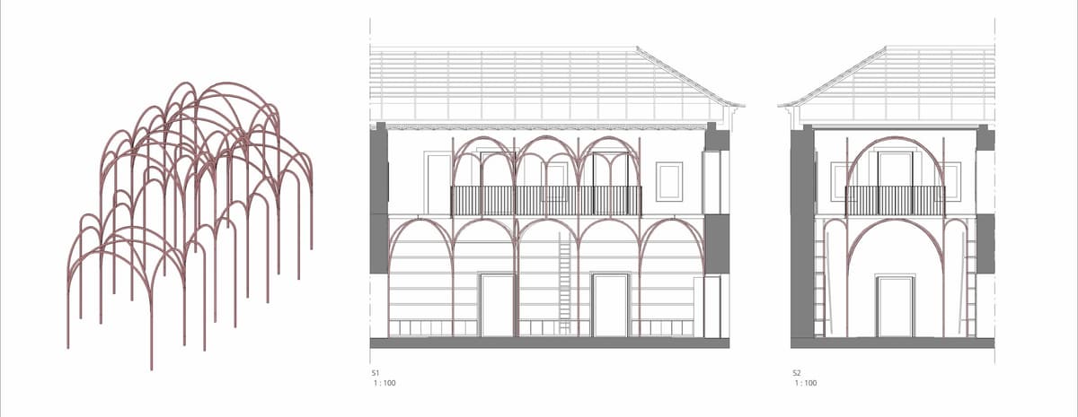 Diagram of the arched metal structure beside two section drawings of the library at 1:100