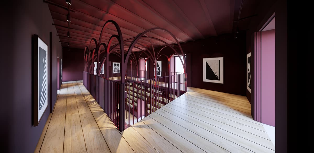 3D rendering of the library's timber-floored gallery with framed artworks around a void lined with metal arches