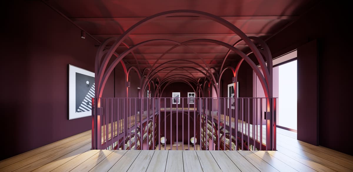 Gallery-level view across the library void, framed by red metal arches and a railing, 3D rendering