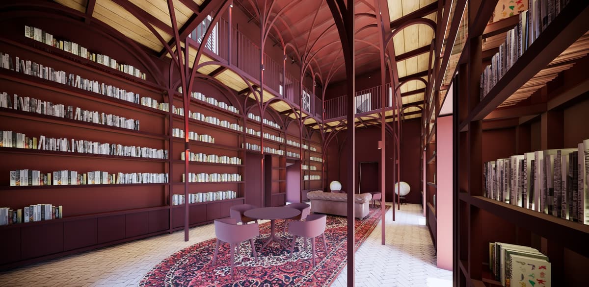Ground floor of the Alentejo library with herringbone floor, round table, leather sofa and globes, 3D rendering
