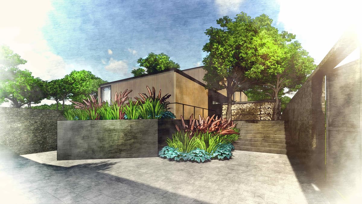 Sketch-style rendering of the Cascais house entrance with planters, stone walls and a slatted wood volume