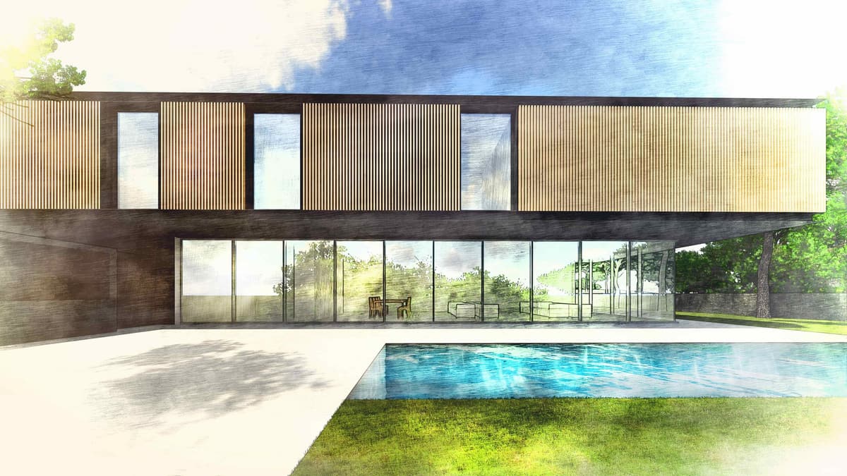 Sketch-style rendering of the rear facade with slatted wood upper floor, glazed ground floor and pool