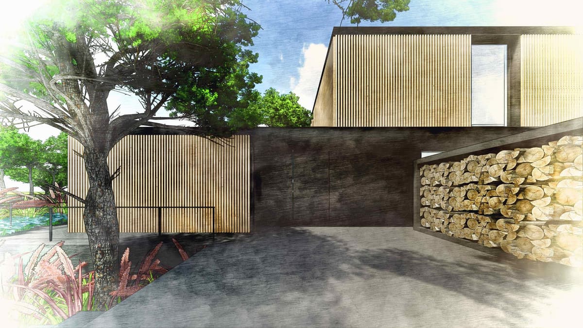 Sketch-style rendering of the entrance court with slatted wood volumes, dark walls and a stacked log store