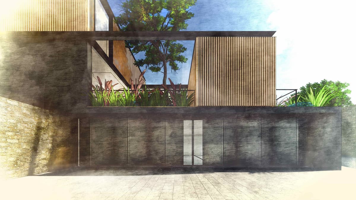 Sketch-style rendering of the dark ground floor facade with a planted terrace between slatted wood volumes