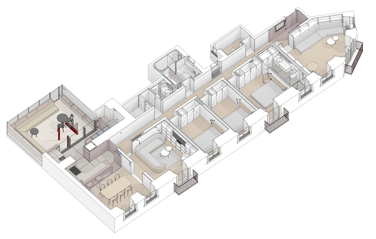 Axonometric drawing of the Colónias flat showing rooms along the central corridor and a rear patio