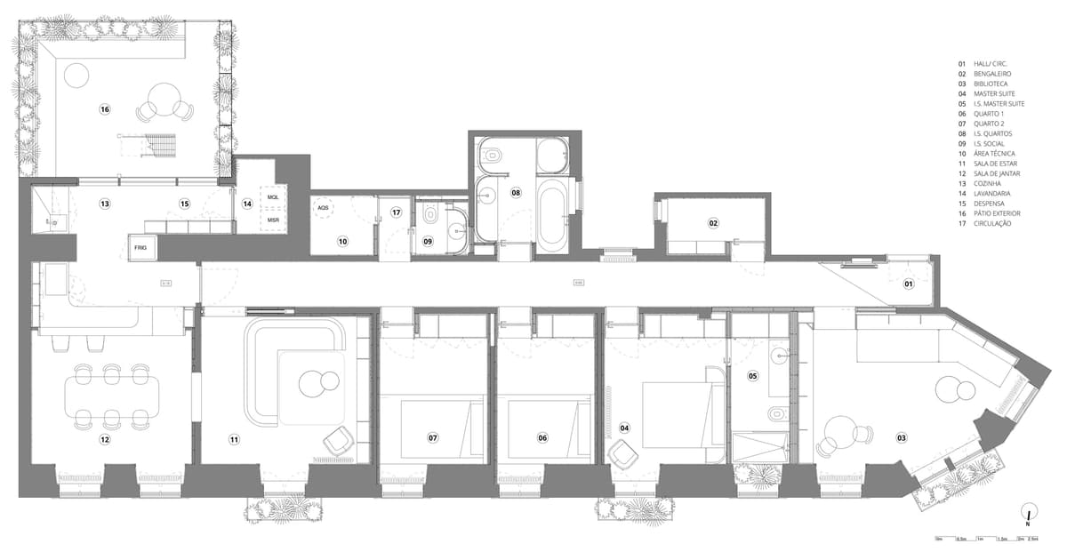 Floor plan of the Colónias flat with numbered rooms along a corridor, from entrance to kitchen and patio
