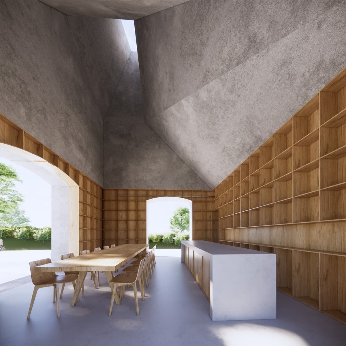 3D rendering of the Graça do Divor tapas bar with a concrete roof lantern, wooden shelving and a long table