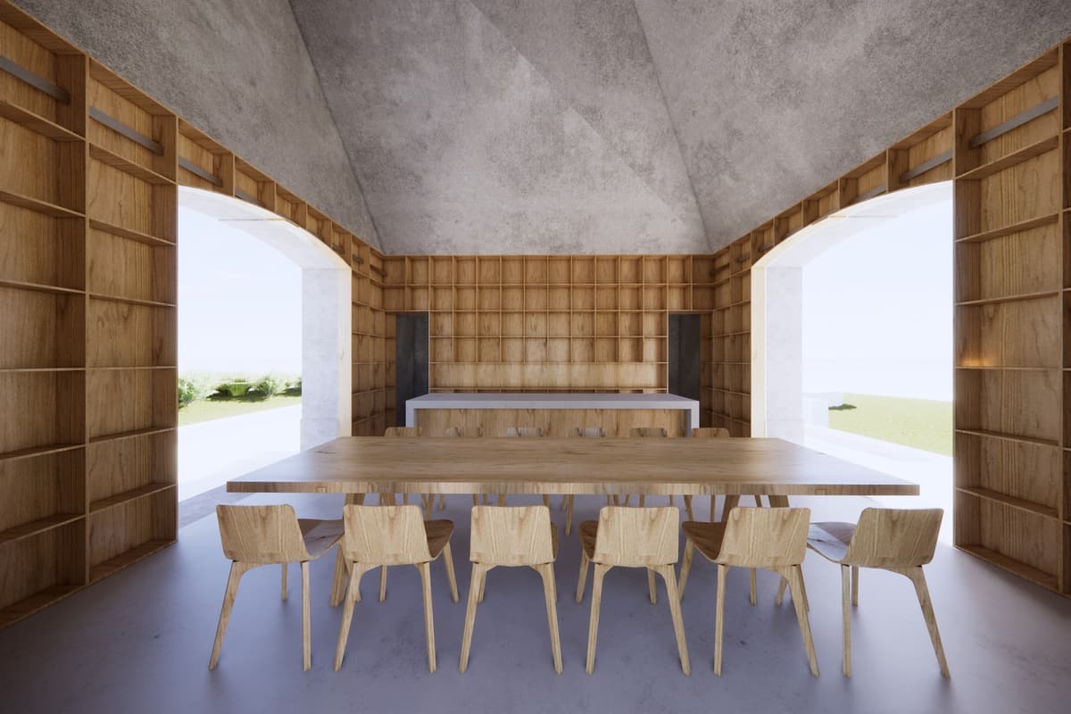 3D rendering of a long wooden dining table framed by floor-to-ceiling shelving under a faceted concrete roof