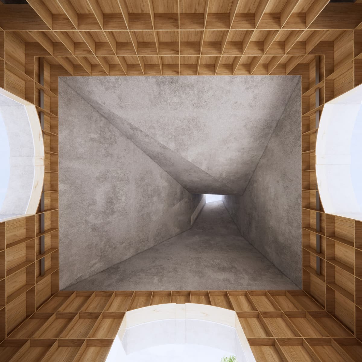 3D rendering looking up into the faceted concrete roof, framed by a grid of wooden shelving