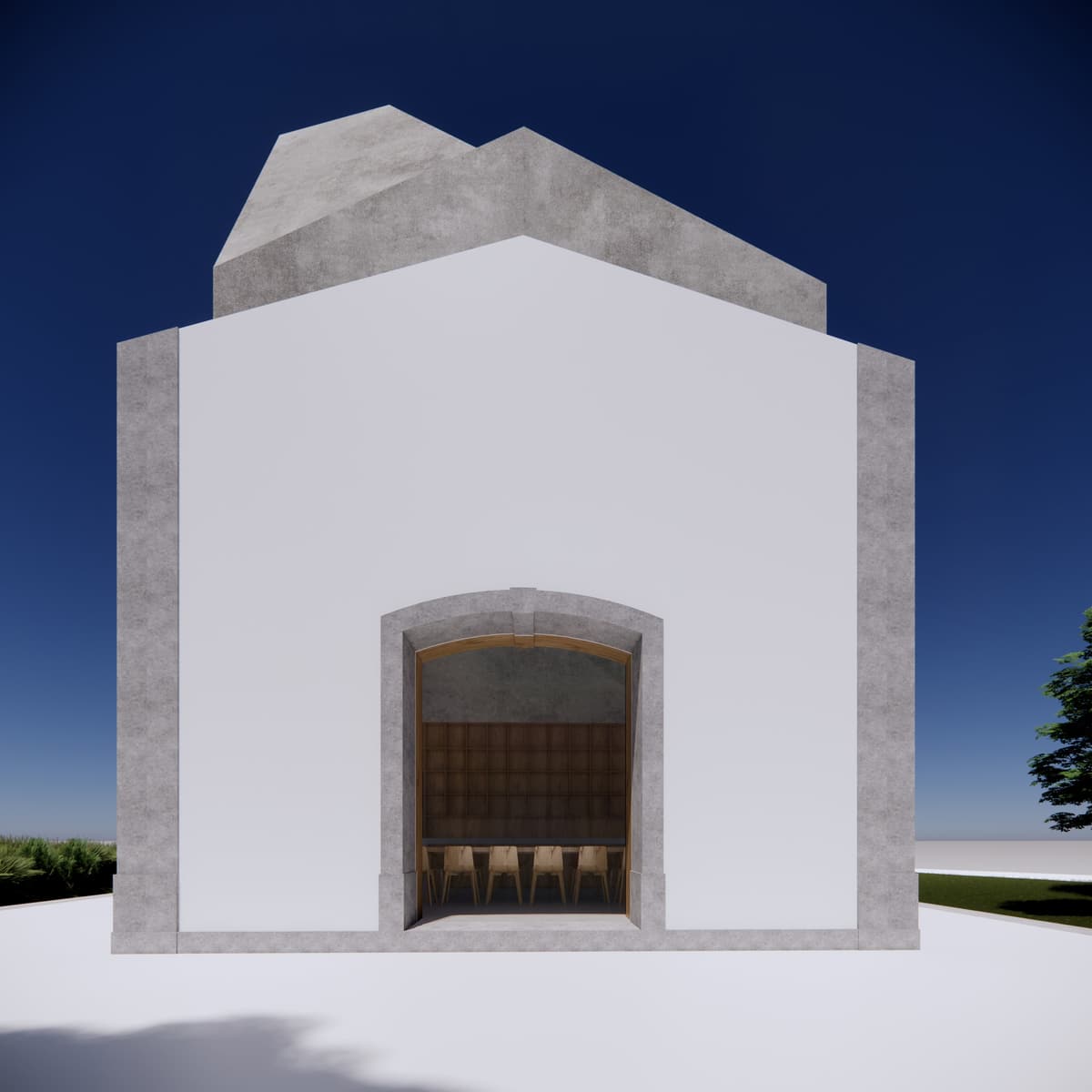 3D rendering of the restored whitewashed facade with stone trim, arched doorway and new concrete roof volumes